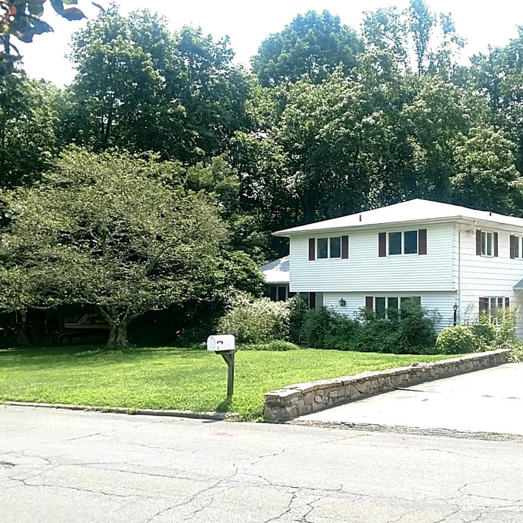 Amidst a sunny backdrop, a white two-story house stands proudly, framed by lush green lawns and well-maintained trees. A meticulous touch suggests the expertise of M Lato Excavating & Tree Care Service, with a quaint mailbox adding charm out front.