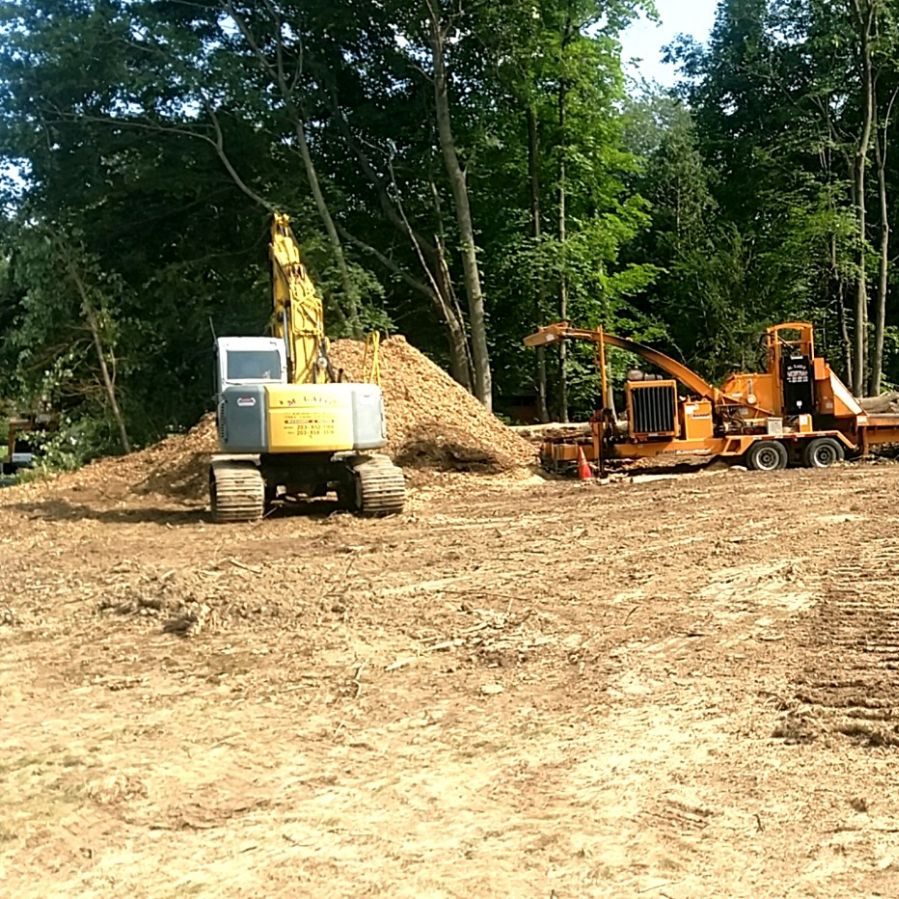 Three construction vehicles and a wood chipper on a cleared, dirt lot surrounded by trees.