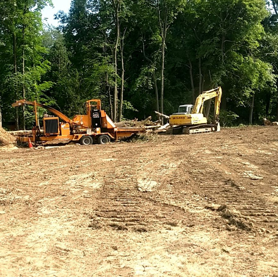 A yellow excavator and an orange wood chipper clear trees on a dirt site near a forest.